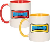 Bellatio Decorations Cadeau koffie mokken set buurman en buurman - geel en rood - 300 ml