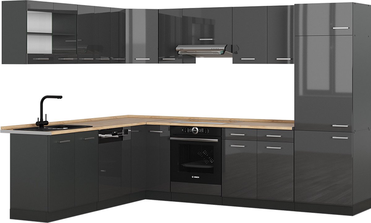 Vicco cuisine R-Line, Chêne doré/anthracite, 300 cm avec armoire haute