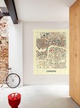 Une carte colorée de Londres avec des rues rouges, bleues et oranges sur fond jaune clair.