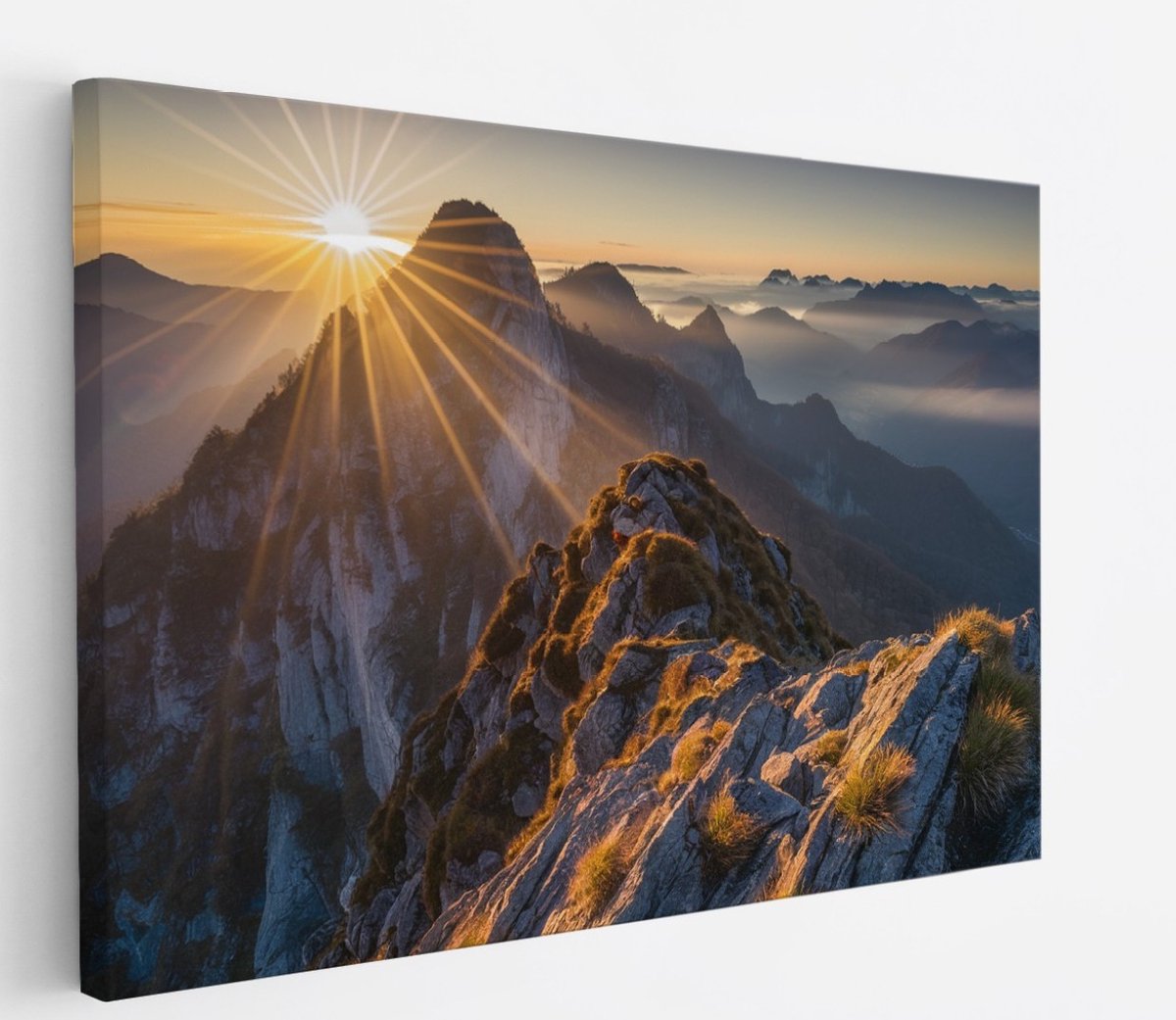 Saammp Canvas Schilderij -Bergtoppen met zonsopgang - Landschap - Natuur - 50x40 - Foto op canvas - Wanddecoratie - Muurdecoratie Woonkamer - Slaapkamer decoratie - Canvas Print Multicolor