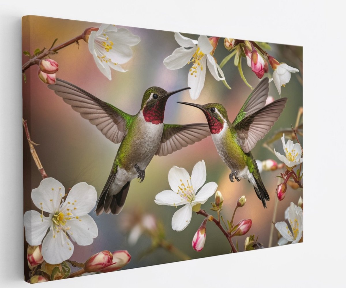 Saammp Canvas Schilderij - 2 Kolibries tussen de witte bloemen - Dieren - Bloemen - 90x60 - Foto op canvas - Wanddecoratie - muurdecoratie Woonkamer - Slaapkamer decoratie - Canvas Print Multicolor