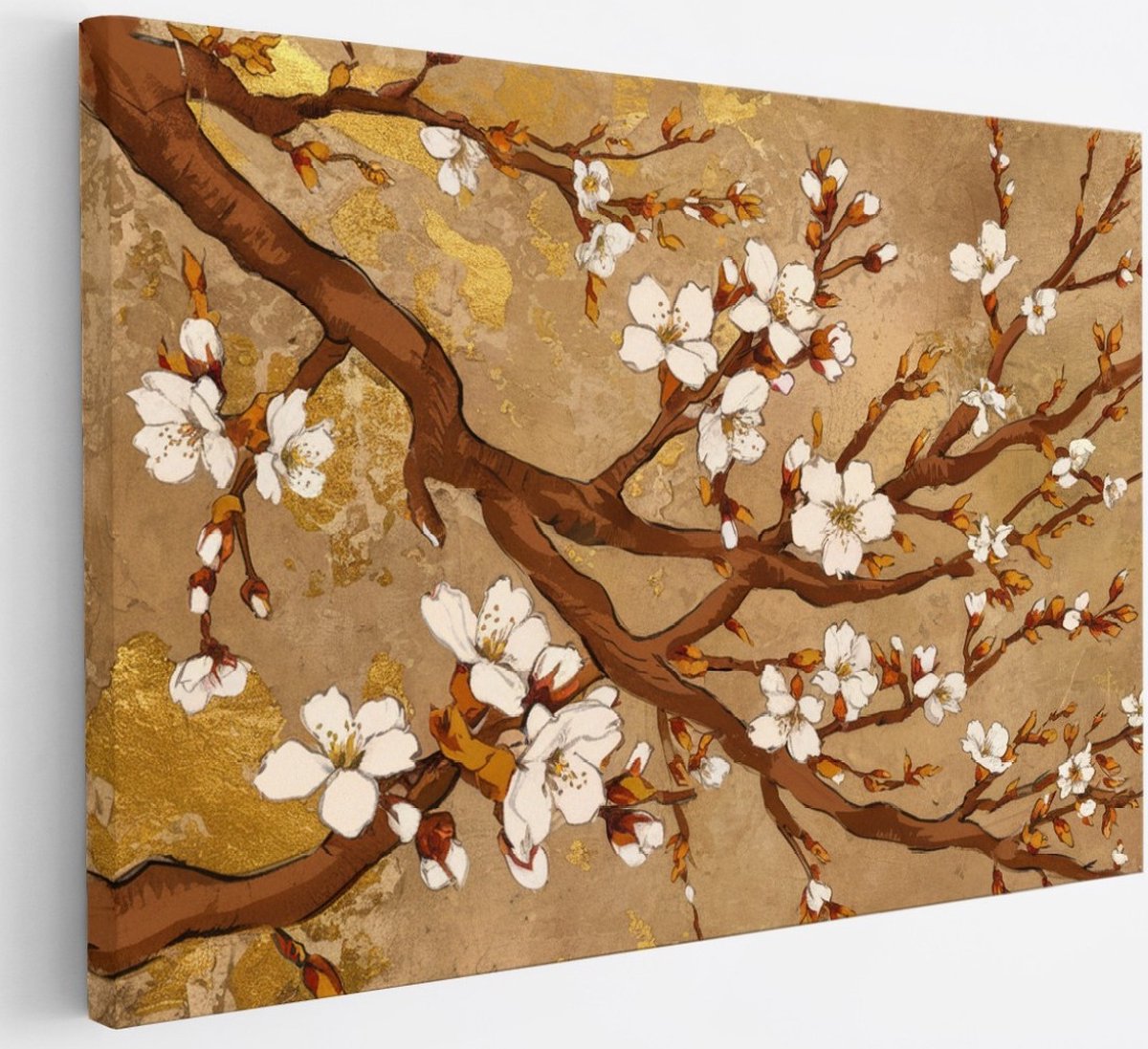 Saammp Canvas Schilderij - Witte bloessem aan tak - Beige - Bloemen - Abstract - 30x20 - Foto op canvas - Wanddecoratie - Muurdecoratie Woonkamer - Kantoor Decoratie Multicolor