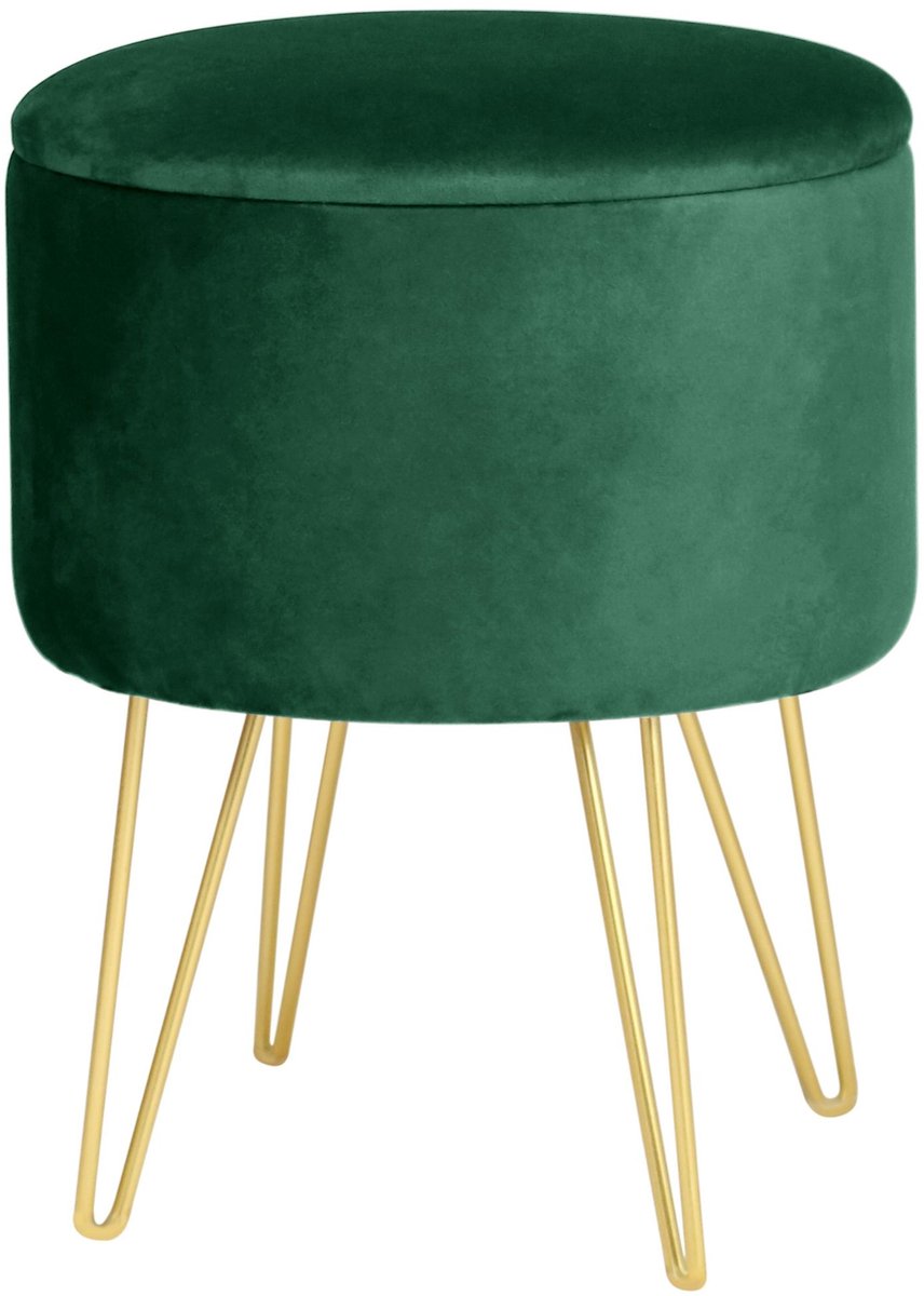 Groene Fluwelen Opberghocker met Gouden Basis - Retro Design 35x45 cm