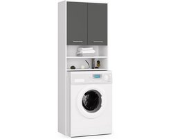 Badkamerkast voor Wasmachine FIN / Hoge Wasmachinekast met 2 Deuren / AKORD Furniture Factory / Wit - Grafietgrijs / 64 x 180 x 30 cm