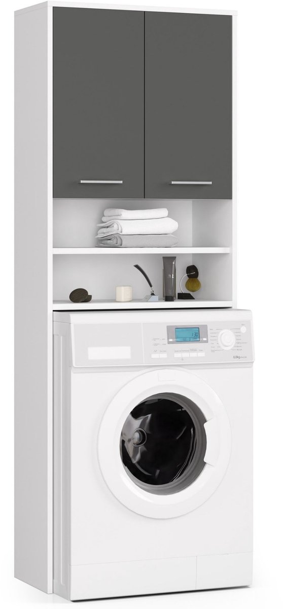 Badkamerkast voor Wasmachine FIN / Hoge Wasmachinekast met 2 Deuren / AKORD Furniture Factory / Wit - Grafietgrijs / 64 x 180 x 30 cm