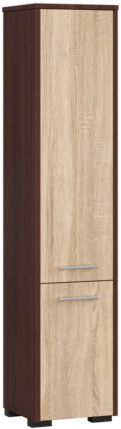 Smalle hoge kast met donkerbruin frame en deuren in houtkleur met twee lades.