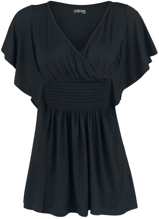 T-shirt noir Gothicana avec encolure cache-cœur et ceinture élastique, manches courtes chauve-souris.