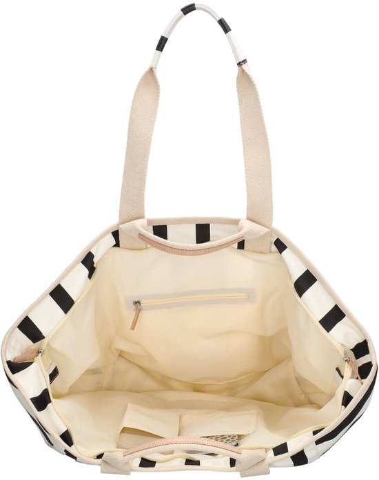 Open gestreepte tas met beige voering en diverse binnenvakken.