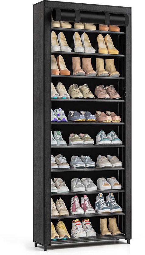 Zwarte Avelona schoenenkast met 9 lagen, gevuld met diverse schoenen zoals sneakers, pumps, laarsjes en sandalen.