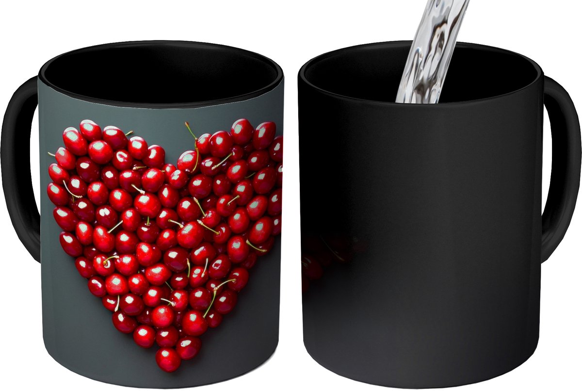 Magische Mok - Foto op Warmte Mokken - Koffiemok - Kersen - Hart - Rood - Zwart - Magic Mok - Beker - 350 ML - Theemok