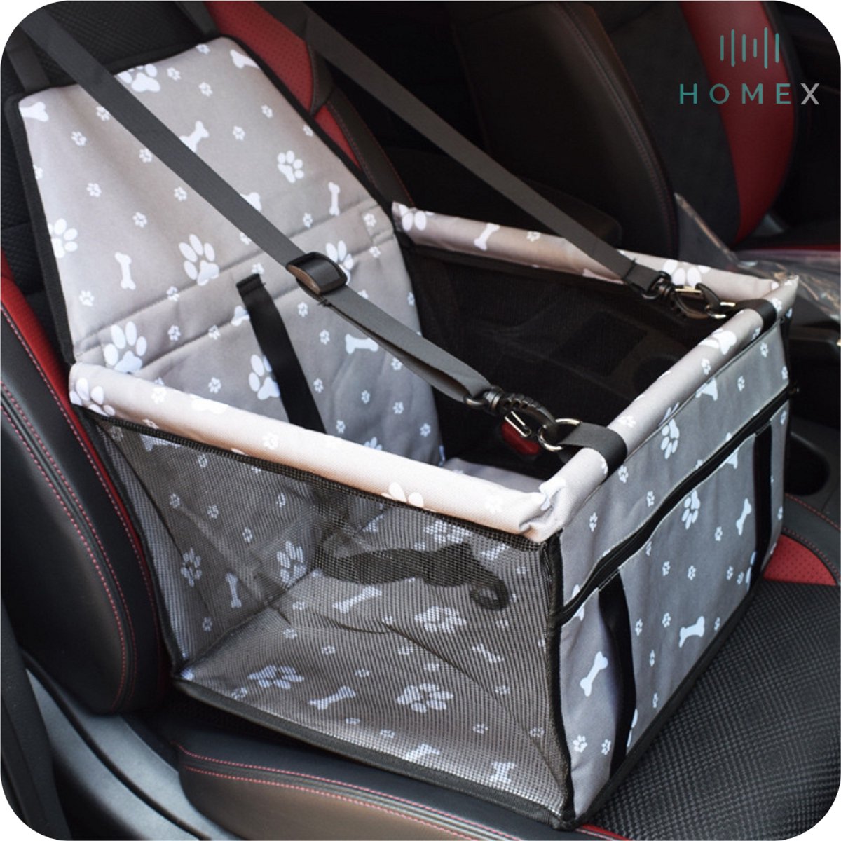 HomeX - Luxe Autostoel Hond – Opvouwbare Hondenmand Auto – Met Veiligheidsriem – Comfortabele Reisbench – Automand Hond – Hondenstoel Auto - Kleur Grijs