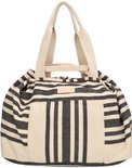 Grote strandtas met beige basis en zwart gestreepte patronen. Twee hengsels en een roze label met 'PE-Florence'.