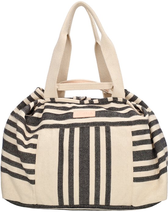 Grote strandtas met beige basis en zwart gestreepte patronen. Twee hengsels en een roze label met 'PE-Florence'.