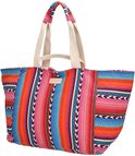 Grote tas met veelkleurige strepenprint in fuchsia, oranje, blauw en zwart. Beige hengsels.