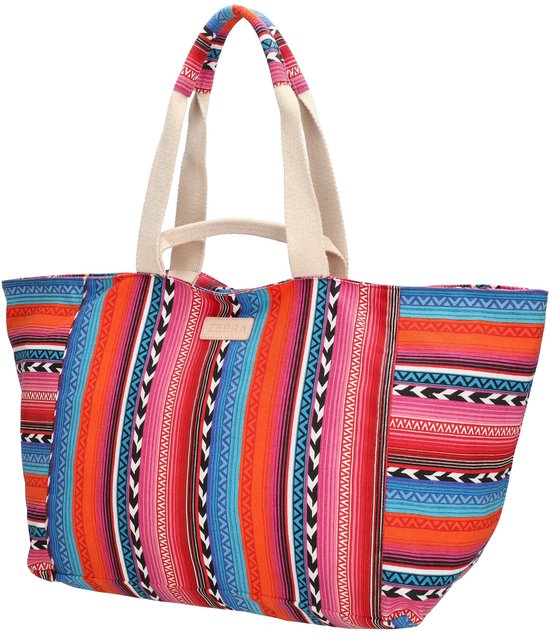 Grote tas met veelkleurige strepenprint in fuchsia, oranje, blauw en zwart. Beige hengsels.