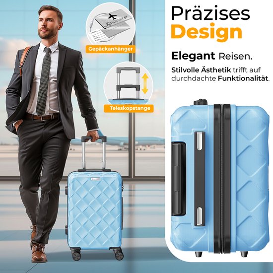 Man in pak met blauwe koffer en de tekst 'Präzises Design', 'Elegant Reisen'.