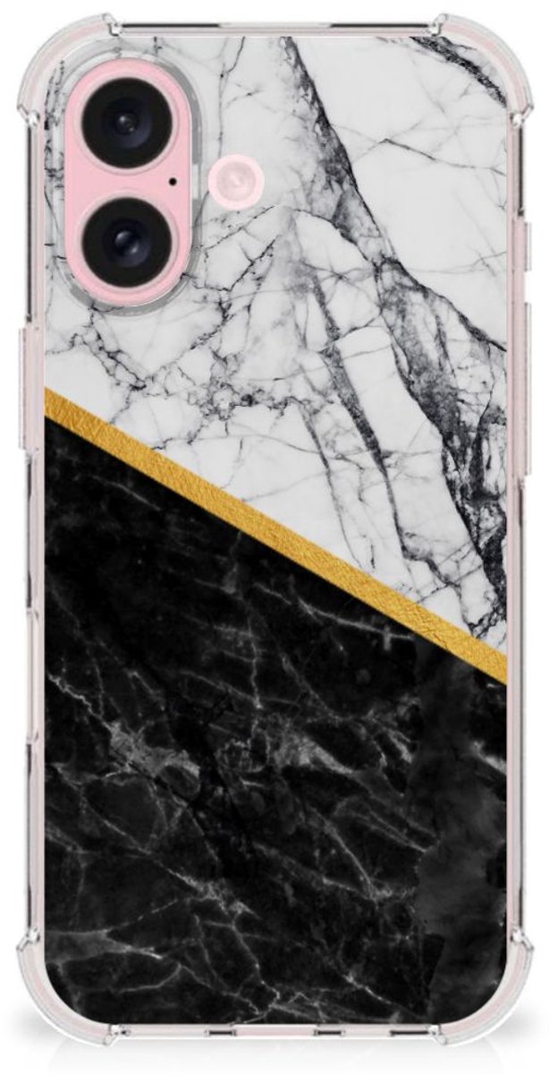iPhone 16 Anti-Shock Hoesje Marmer Wit Zwart - Origineel Cadeau Man