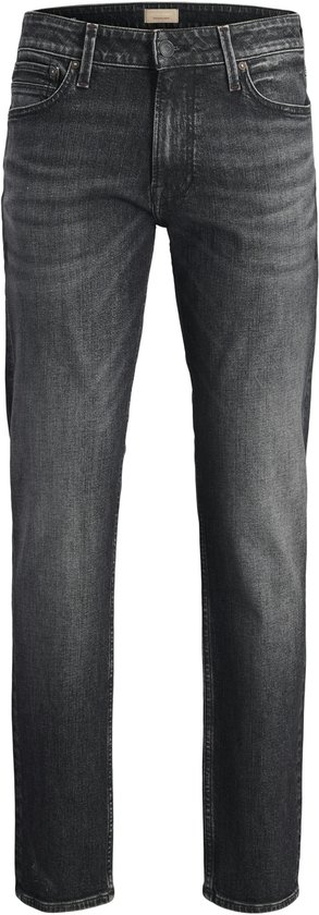 Jean droit gris foncé effet délavé, cinq poches et fermeture boutonnée.