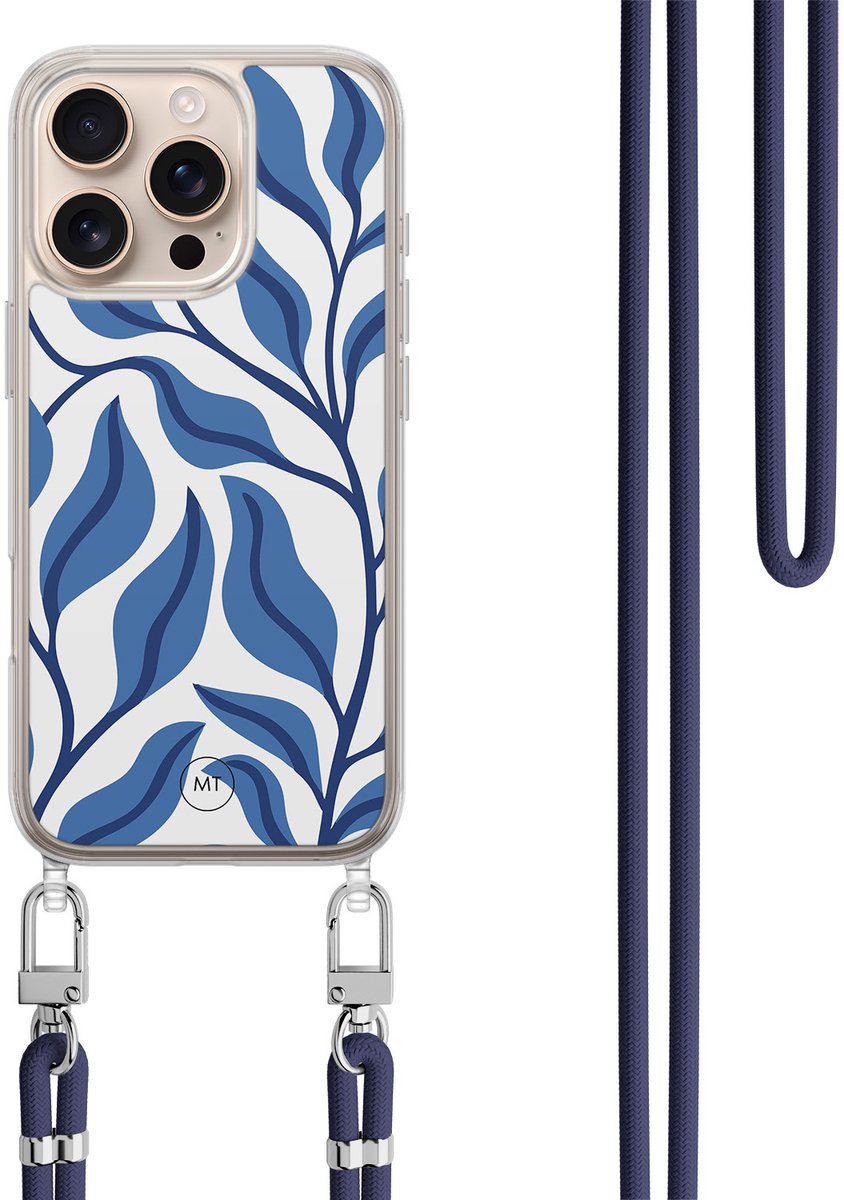Hoesje met koord geschikt voor iPhone 16 Pro - Blue leaves - Inclusief zwart koord - Crossbody beschermhoes - Transparant, Blauw - Mooie Telefoonhoesjes