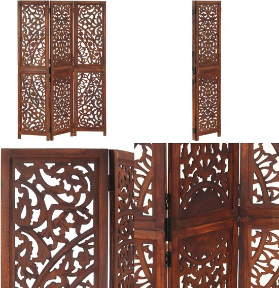 Kamerscherm 4 panelen handgesneden 160x165 cm mangohout bruin