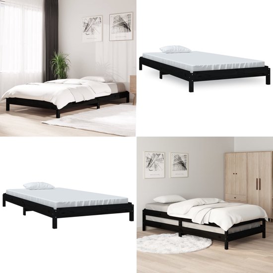 Zwart bedframe van grenenhout met witte lakens en kussens, in slaapkamer met plant en witte vloerkleed.