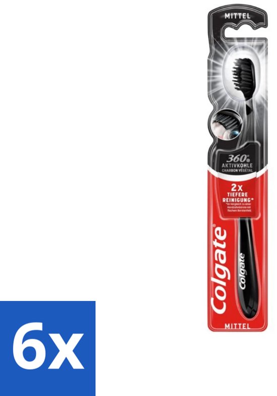 Colgate - Tandenborstel - Charcoal Black 360 Medium - Zwart - 1 Tandenborstel - Voordeelverpakking - 6 stuks