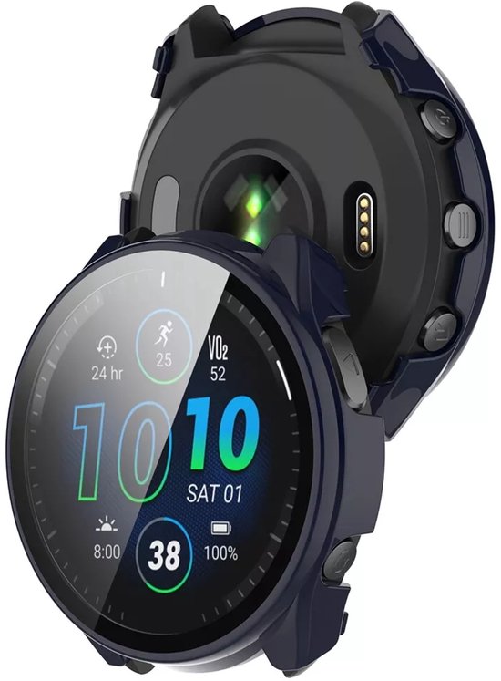 Strap-it Bescherm Hoesje met Glasplaat – Geschikt voor Garmin Forerunner 965 – Donkerblauw – Case met Screen Protector