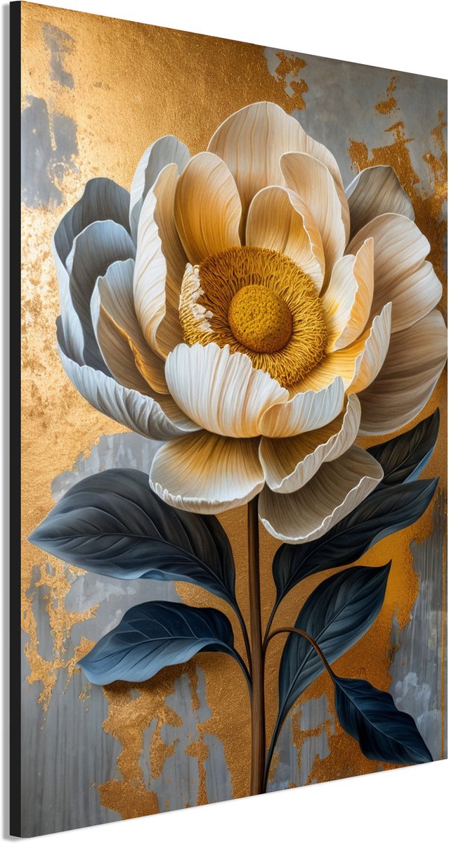 Wanddecoratie Metaal - Aluminium Schilderij Gouden bloei pracht - 60 x 40 cm - Bloem - Muurdecoratie woonkamer en slaapkamer - Inclusief ophangsysteem - Modern - Modern - Displate alternatief