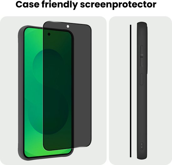 Protection d'écran compatible avec la coque. Un téléphone avec fond vert et un filtre de confidentialité à côté. Vue latérale d'un étui de téléphone.