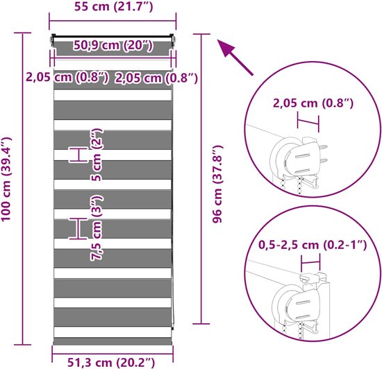 vidaXL - Zebra - store enrouleur - 55x100 - cm - largeur du tissu - 50,9 - cm - noir