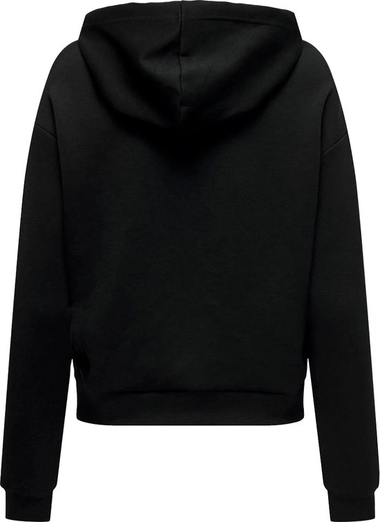 Zwarte cropped hoodie, achterkant zichtbaar.