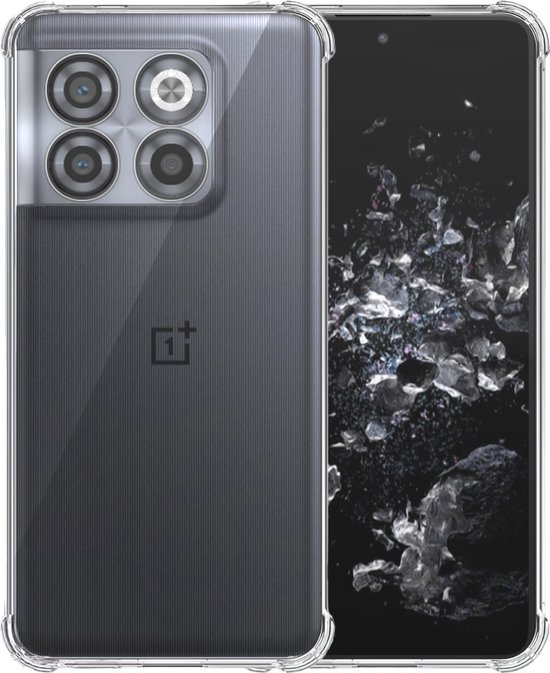 Transparante telefoonhoes met vier camera's op de achterkant, getoond op een OnePlus telefoon.
