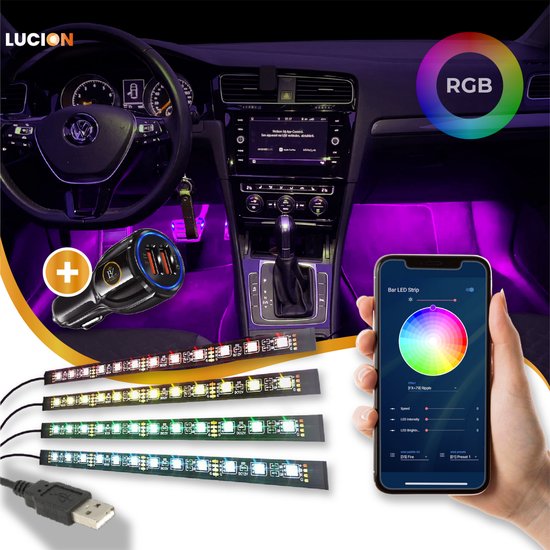 Lucion® Auto led verlichting met autolader| 12V/5V | Auto interieur verlichting | sfeerverlichting auto | vrachtwagen accesoires | auto accessories interieur verlichting | Auto verlichting | Led strip auto | 12V/5V Mobiele app bediening