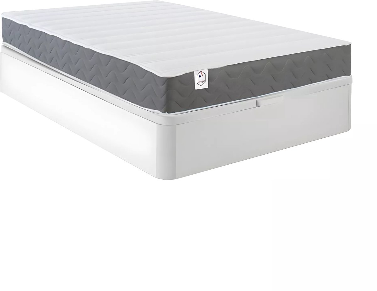 Vente-unique Set 140 x 200 cm bedbodem met opbergruimte, wit + matras van HD-schuim met vormgeheugen en ademende 3D-strook, 18 cm dik - HEAVEN van YSMÉE