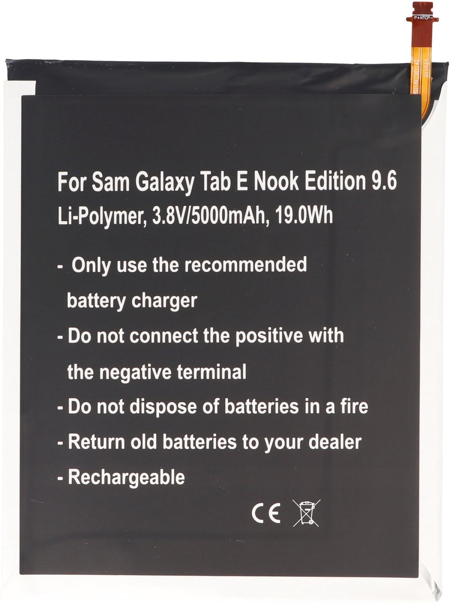 Accu geschikt voor Samsung Galaxy Tab E Nook Edition 9.6, Li-Polymer, 3.8V, 5000mAh, 19.0Wh, ingebouwd, zonder gereedschap