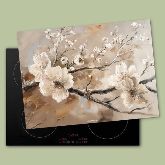 KitchenYeah® Protection plaque induction 71x52.5 cm - Fleurs - Abstrait - Peint - Beige - Protege plaque de cuisson - Couvre plaque induction - Protecteur d'induction - Cuisine