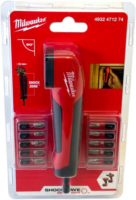 Milwaukee haakse schroefkop shockwave 11-delige set in verpakking.