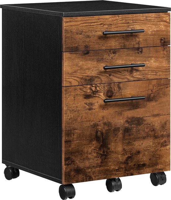 TRANKIELO® – Armoire de bureau élégante avec 3 tiroirs – Armoire de rangement mobile – Style industriel – Marron rustique avec Zwart – Stable et fonctionnel