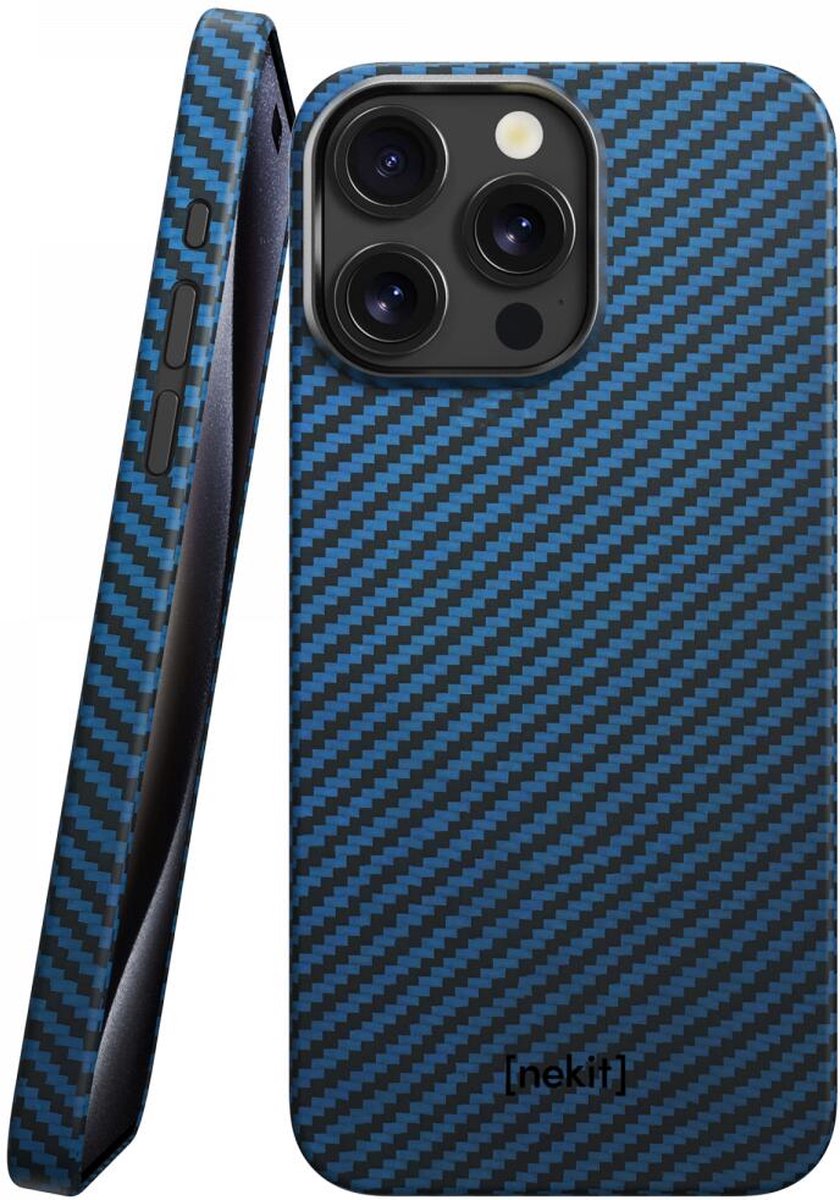 NEKIT Fiber Hoesje Geschikt voor Apple iPhone 15 Pro - Compatibel met MagSafe - High-tech Kevlar Aramidevezels 1500D - Back Cover Ultra Dun - Blauw