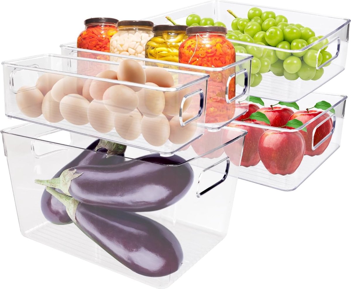 Goodivery ® Koelkastorganizer, set van 5 keukenorganizers met handgrepen, transparant, stapelbare koelkastorganizer, lade, voorraaddoos voor keuken, koelkast, kasten, snacks