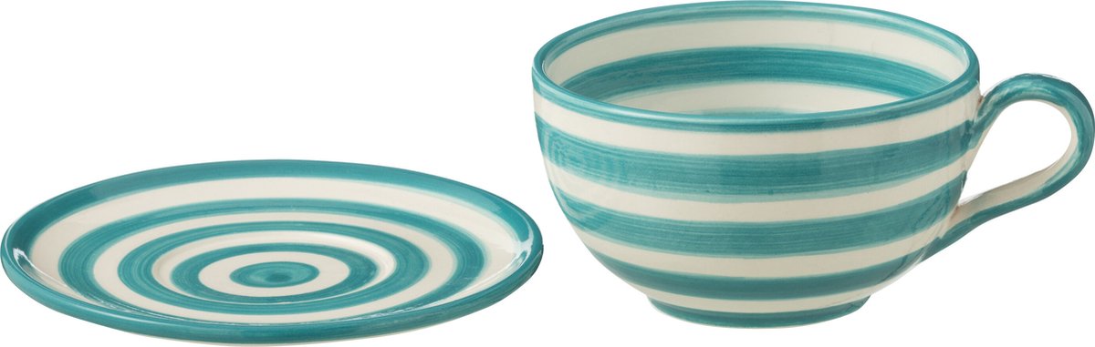 J-Line kopje + schoteltje Granada Stripes - keramiek - wit/aqua