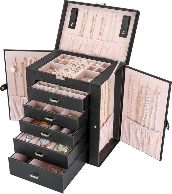 DesignSter Lederen sieradendoosje organizer met 2 laden en 3 lagen, vergrendelende opbergdoos voor ketting, oorbel, armband, ring - beige