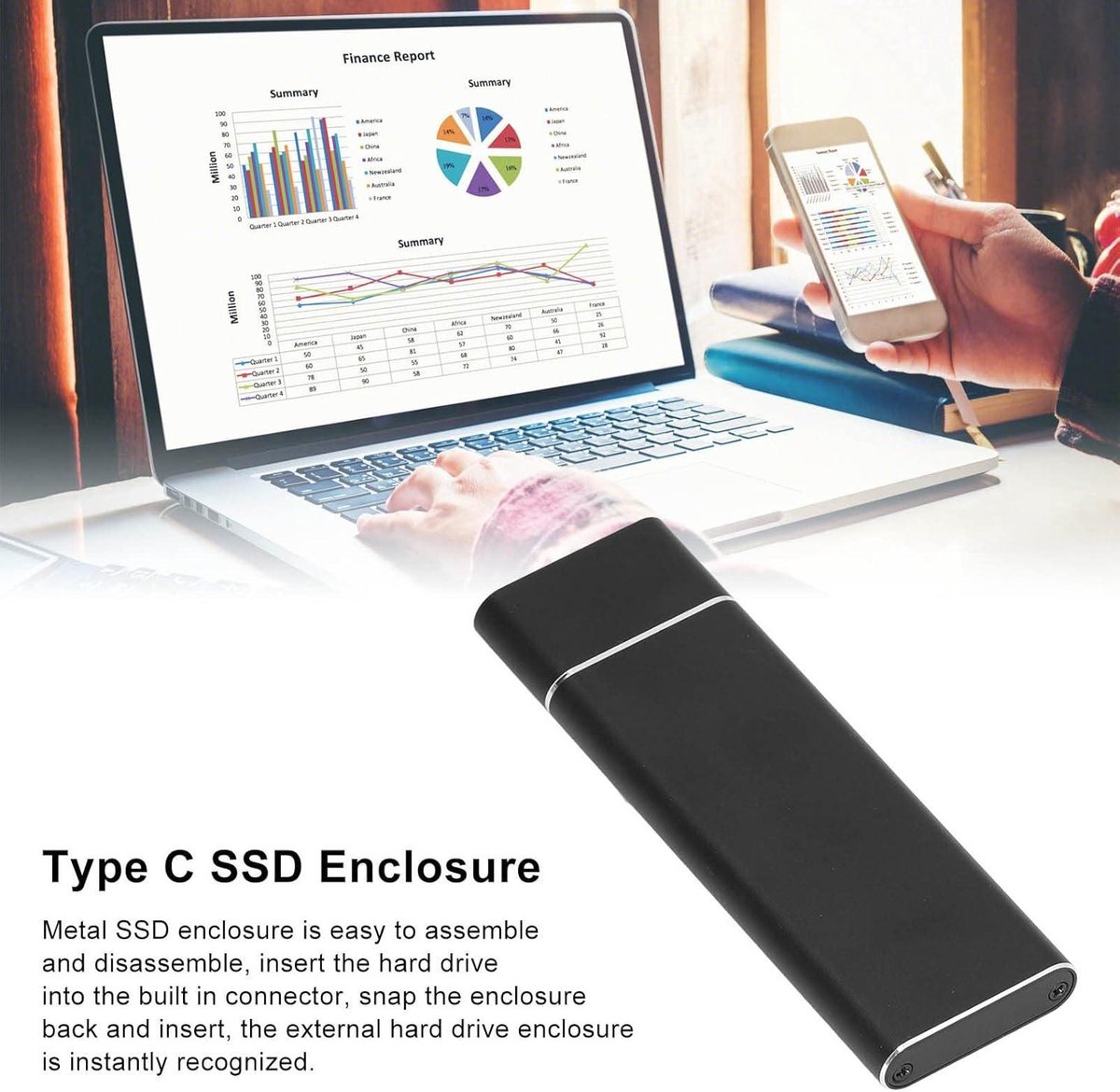 USB C SSD Behuizing M.2 NGFF High Speed Transfer - Metalen SSD Behuizing voor Computer - WIN 7 10 IOS - Zwart .