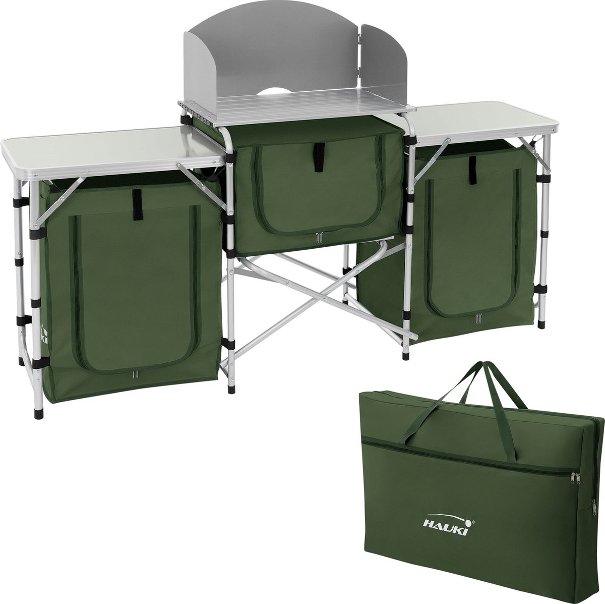 Campingkeuken opvouwbaar met draagtas Khaki gemaakt van aluminium incl. werkblad Hauki