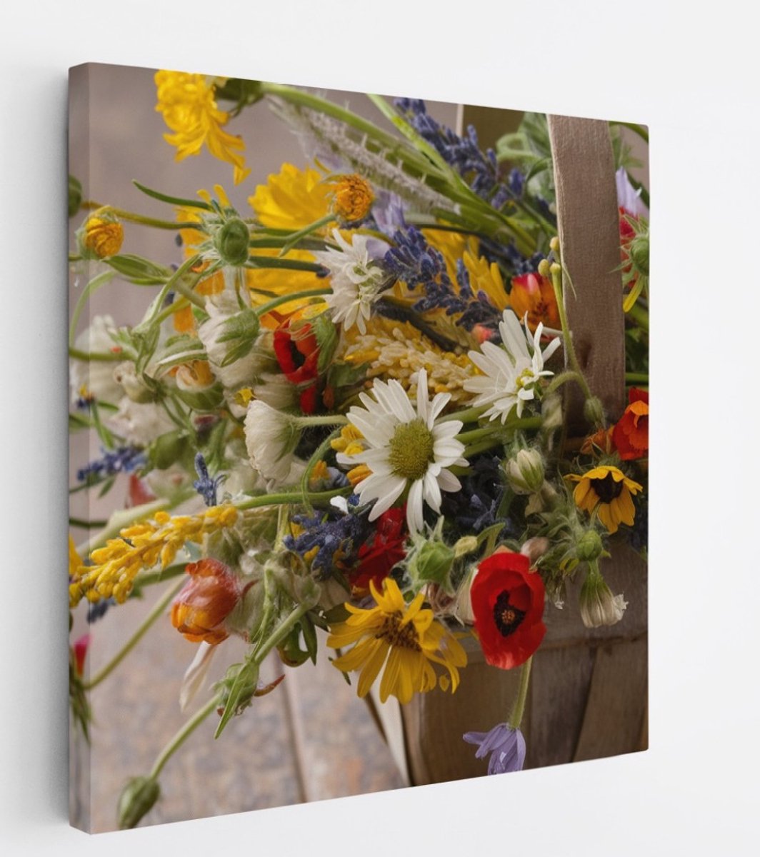Saammp Canvas Schilderij - Bloemenmand met Wilde Bloemen - Natuur - Abstract - 100x100 - Foto op canvas - Wanddecoratie - Muurdecoratie Woonkamer - Kantoor Decoratie Multicolor