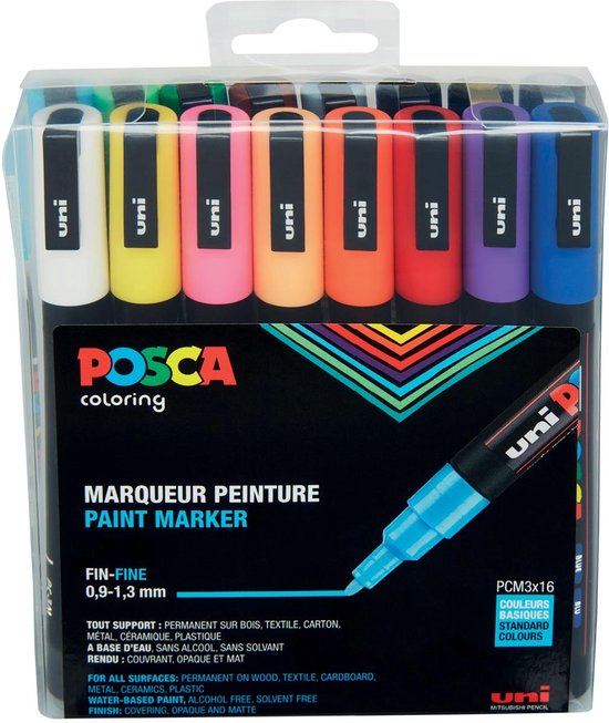 Uni Posca Stiften Standard Colors - 16 stiften - PC3M 0.9-1.3 mm lijn