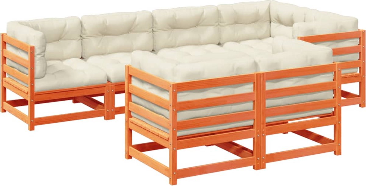 The Living Store 7-delige Loungeset met kussens massief grenenhout wasbruin - Hoeken Bank - Lounge Set - Tuinset - Tuinmeubels - Buitendiner