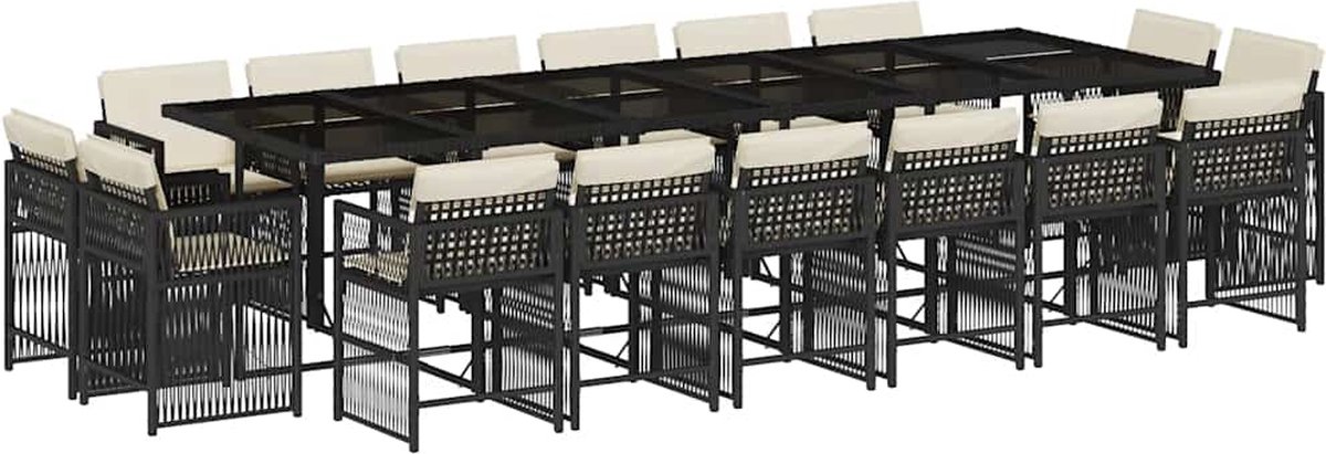 The Living Store 17-delige Tuinset met kussens poly rattan zwart - Tuinset - Lounge Set - Buitenshuis Dineren - Outdoor Furniture - Teak Tafels