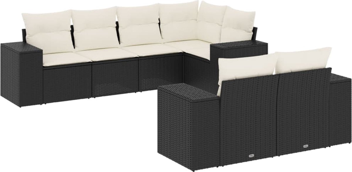Zwarte poly rattan loungeset met kussens voor tuin- en buitenmeubels.