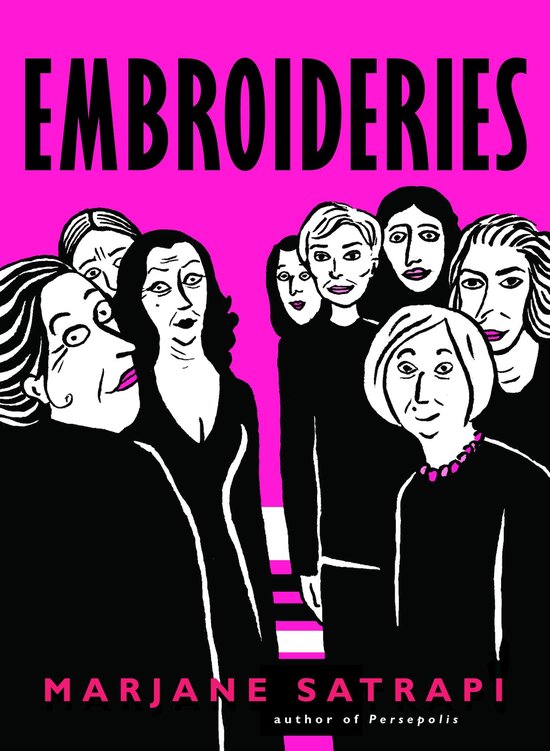 Boekomslag met de titel 'EMBROIDERIES' in roze letters. Vrouwenhoofden in zwart-wit tekening met rode monden op roze achtergrond.